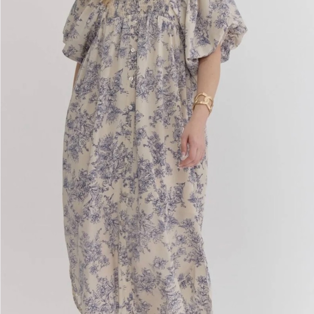 Entro Blue/Ivory Floral Toile Midi Dress, Size Medium - Picture 8 of 8